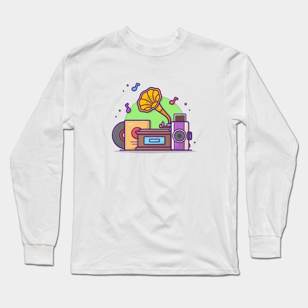 Old Music Player with Gramophone , Camera, and Vinyl Music Cartoon Vector Icon Illustration Long Sleeve T-Shirt by Catalyst Labs